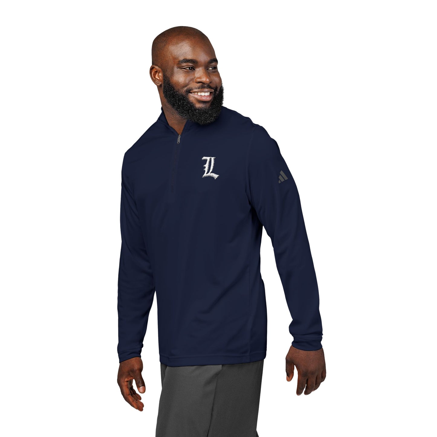 Quarter-Zip Pullover, Embroidered Old English L Design, Adidas Pullover, Athleisure Wear, Sporty Sweatshirt, Streetwear Top