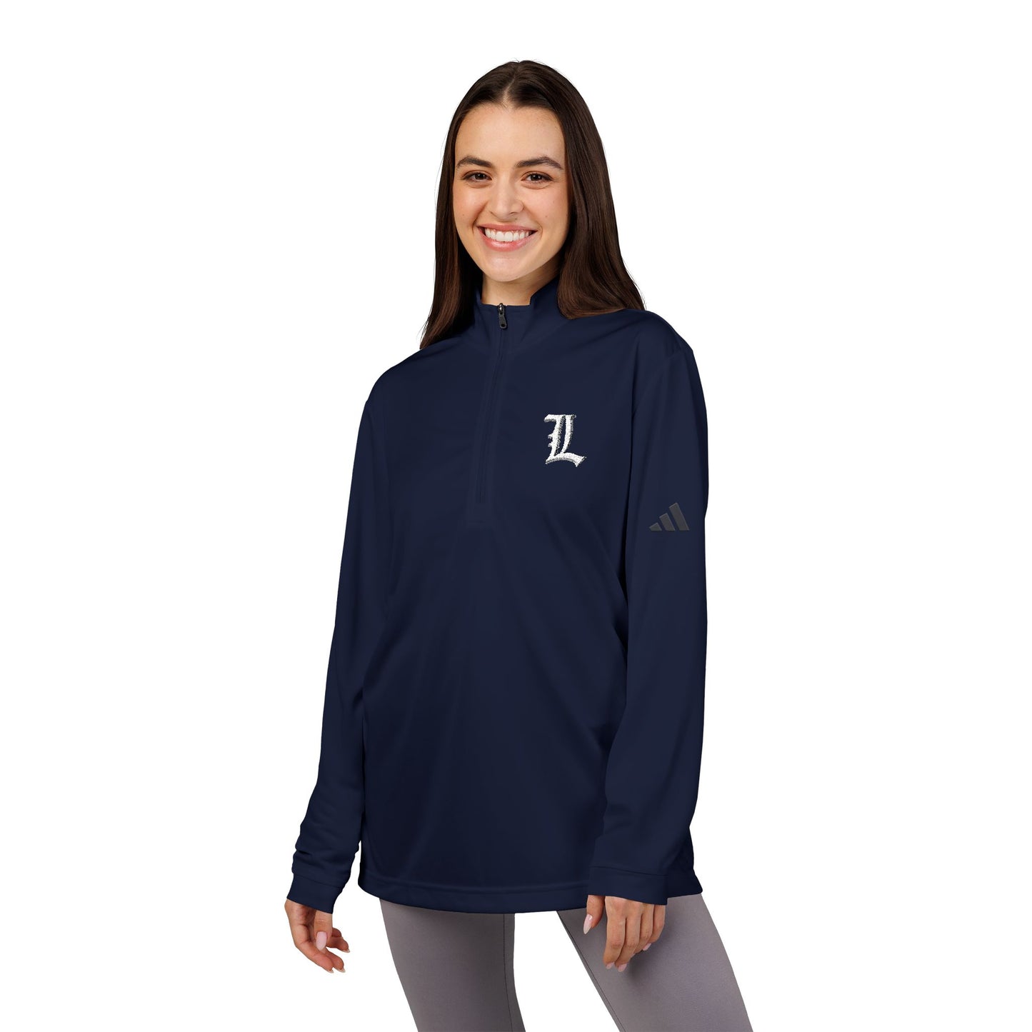 Quarter-Zip Pullover, Embroidered Old English L Design, Adidas Pullover, Athleisure Wear, Sporty Sweatshirt, Streetwear Top