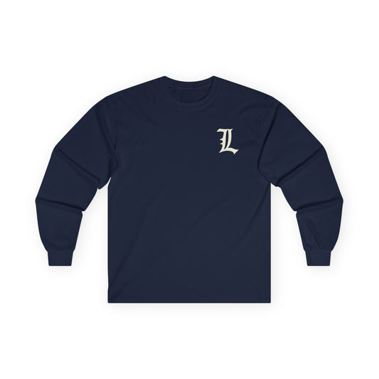 Navy Long Sleeve Tee with Letter L, Casual Unisex Shirt, Perfect for Sports Fans, Gift for Him or Her, Stylish Everyday Wear